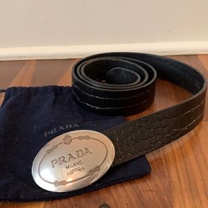 Prada stamped black leather belt w/ silver buckle